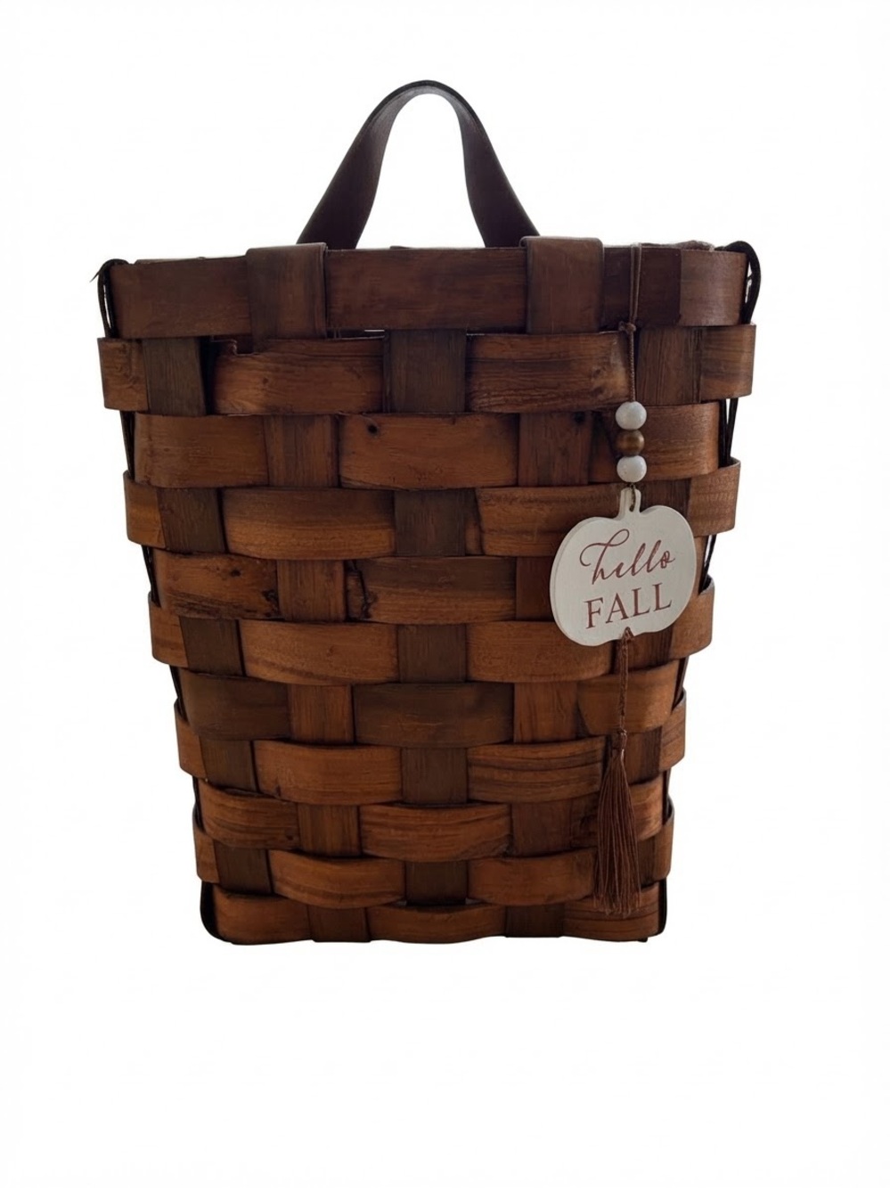 Rustic Woven Hanging Wall Basket with "Hello Fall" Tag & Tassel Decor NEW